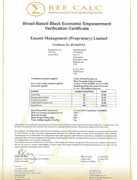 Emanti Management (Pty) Ltd (hereinafter referred to as “Emanti”) has improved its Level 3 B-BBEE rating for the year of 2011 to an outstanding Level 1 B-BBEE.